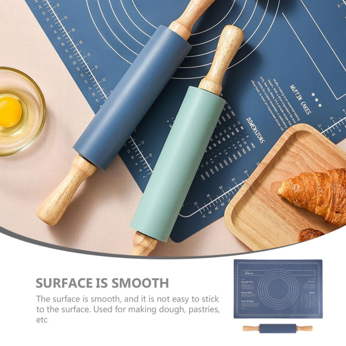 Artibetter Tapete de Silicona para Amasar Pan Antideslizante Rodillo de Madera, Estera de Masa Reutilizable para Pizza y Repostería, Superficie Lisa Azul