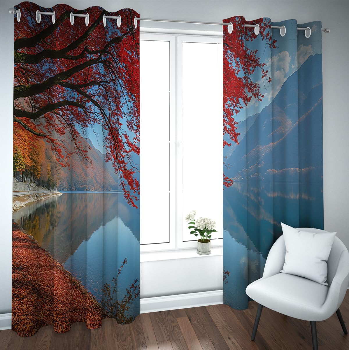 Rideaux occultants pour chambre au décor de lac de montagne et érable rouge apaisant