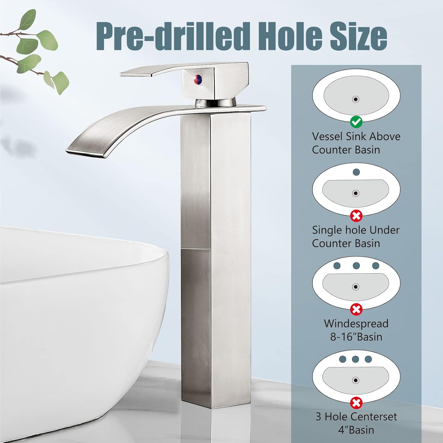 Aolemi Tall Bathroom Faucet Vessel Sink Faucet Single Hole 1 Handle Lavatory Vanity RV Deck Mount Mixer Tap with Pop Up Drain Assembly, Brushed Nickel, Waterfall Spout