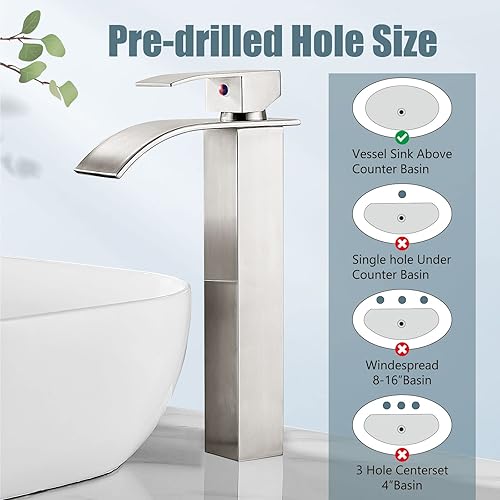 Miniatura 5 de Aolemi Grifo de baño alto para lavabo, grifo de lavabo de un solo agujero, 1 mango, grifo mezclador de montaje en cubierta RV con montaje de drenaje