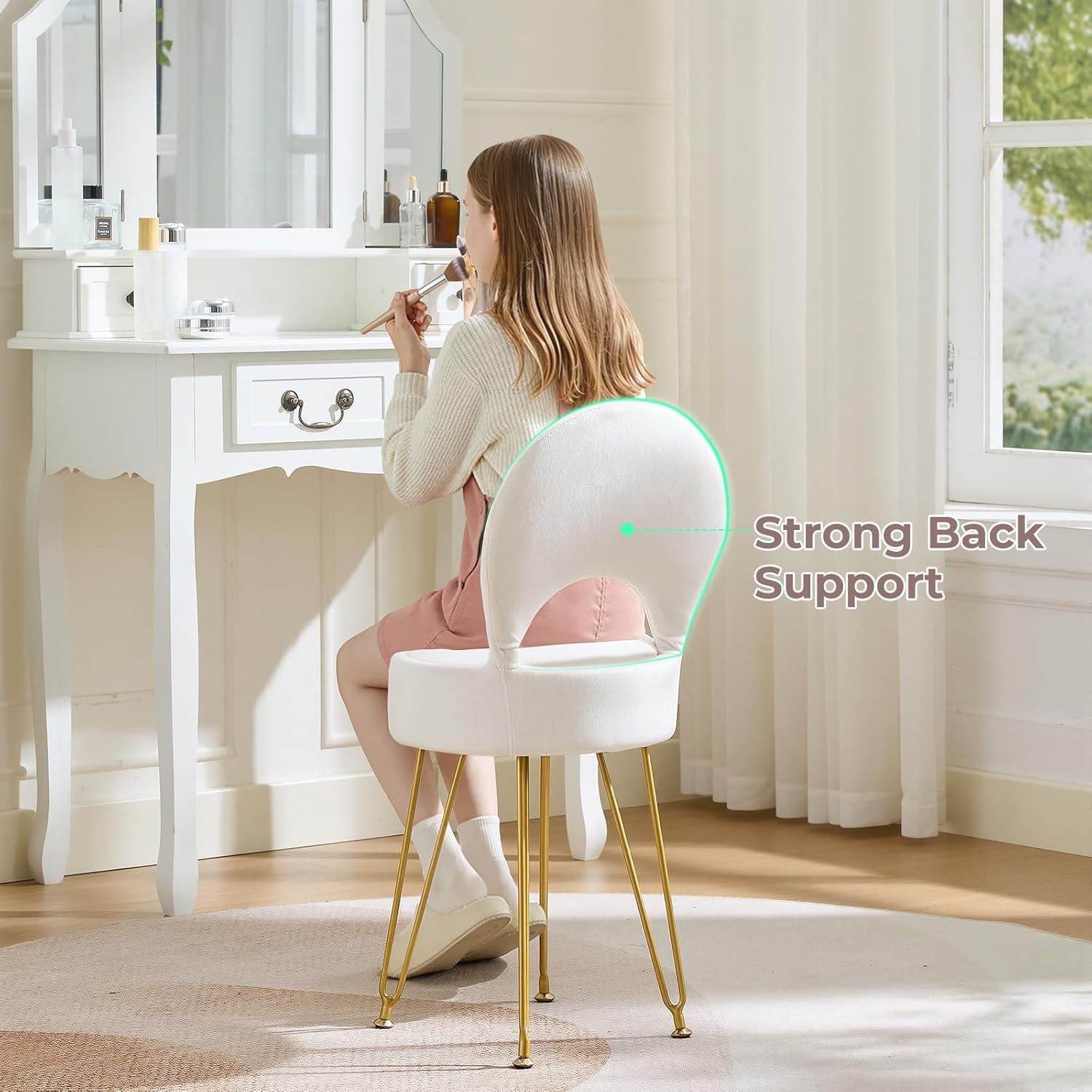 Velvet White Small Vanity Chair & Stool - 13" Dx13 W Folding Back Storage Ottoman, Anti-Slip Golden V-Leg for Bedroom Makeup Room