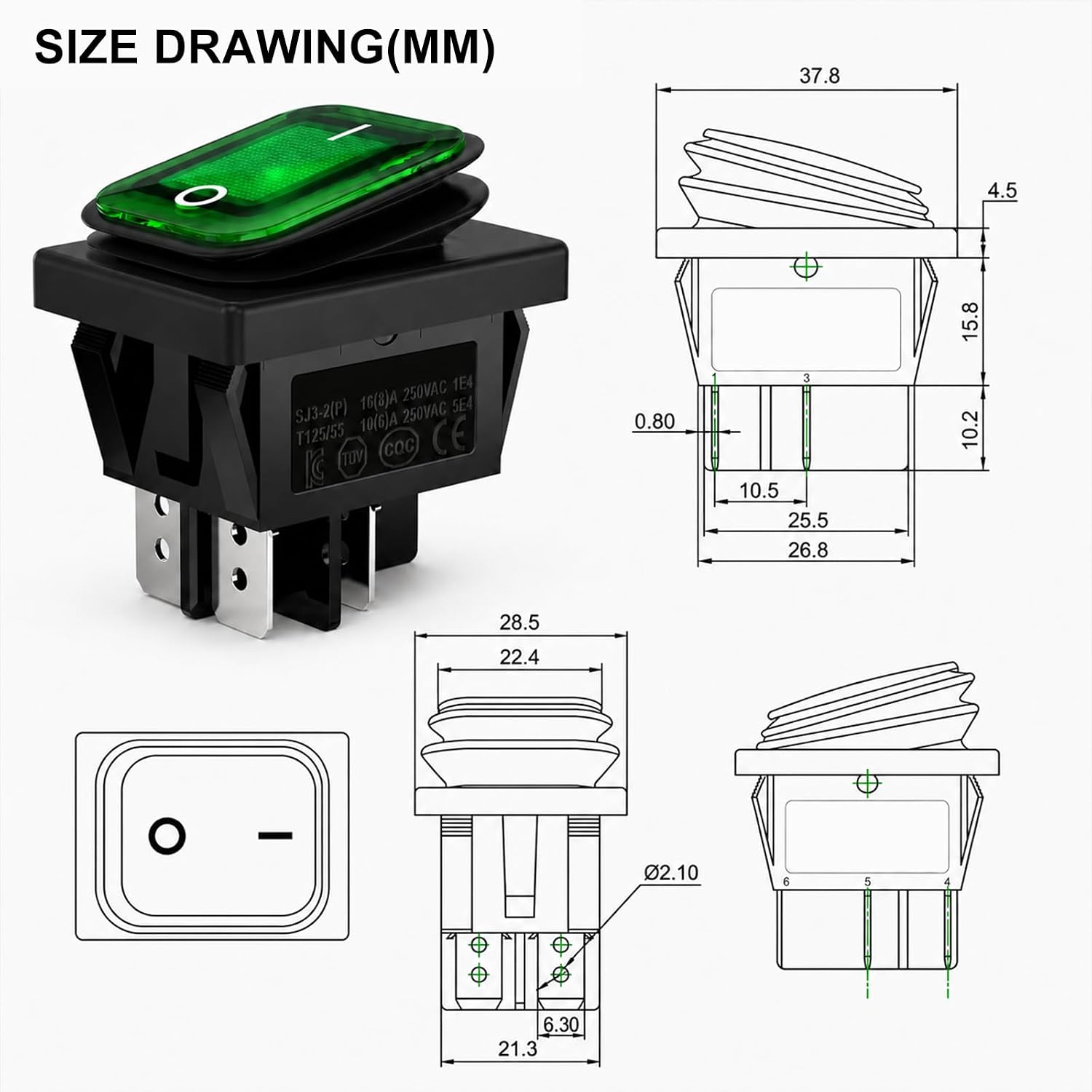 2PCS 16A 125V/250V AC KCD4 Rocker Switch IP65 Waterproof Rocker Switch, Green 4 Pin ON-Off 2 Position Illuminated Boat Toggle Switch for Car Truck RV Boat Marine Outdoor Appliances