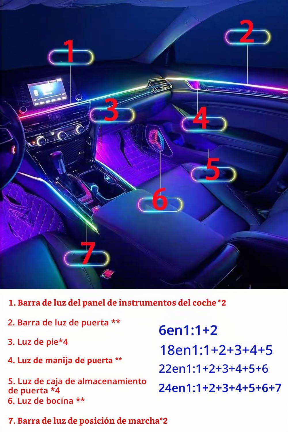 Luces ambientales interiores del coche, 6 en 1, 18 en 1, 22 en 1, tira de fibra óptica acrílica LED, modos universales de decoración con ritmo de sincronización de música, control de aplicación