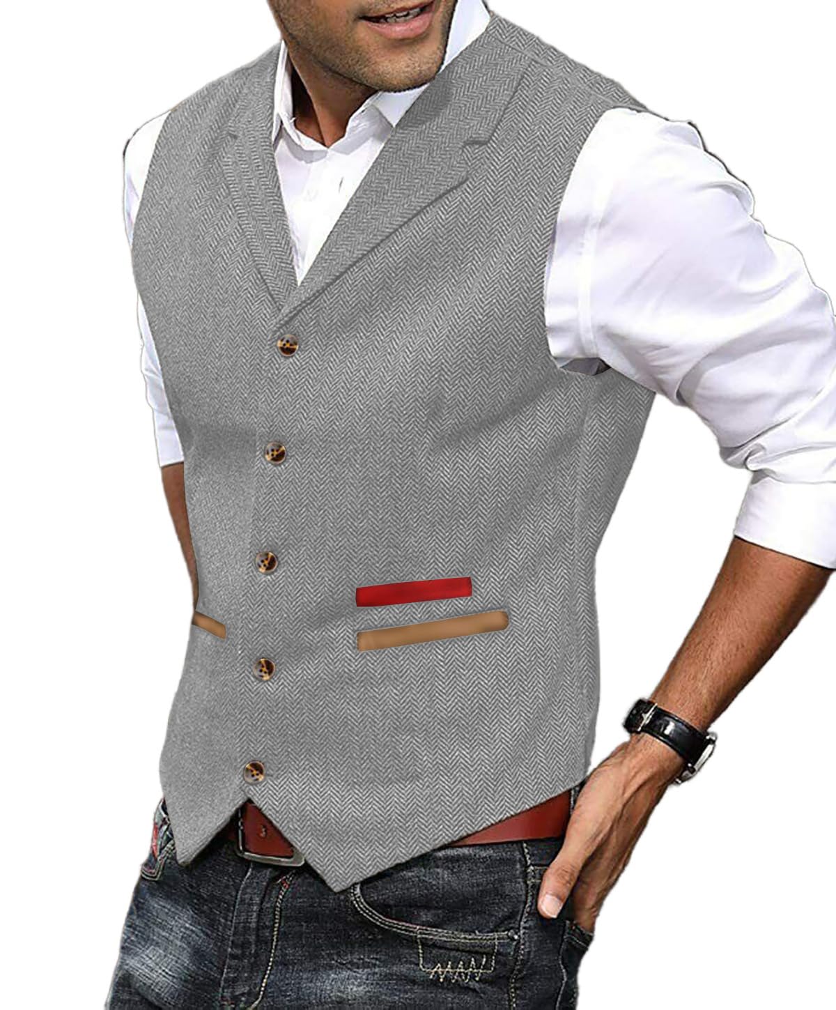Yiaisafa Formal Mens Vests Tweed Waistcoats Wool Retro Herringbone Vintage Lined Wedding Groomsman Lined Hunting S-3XL(Silver,XXXL)
