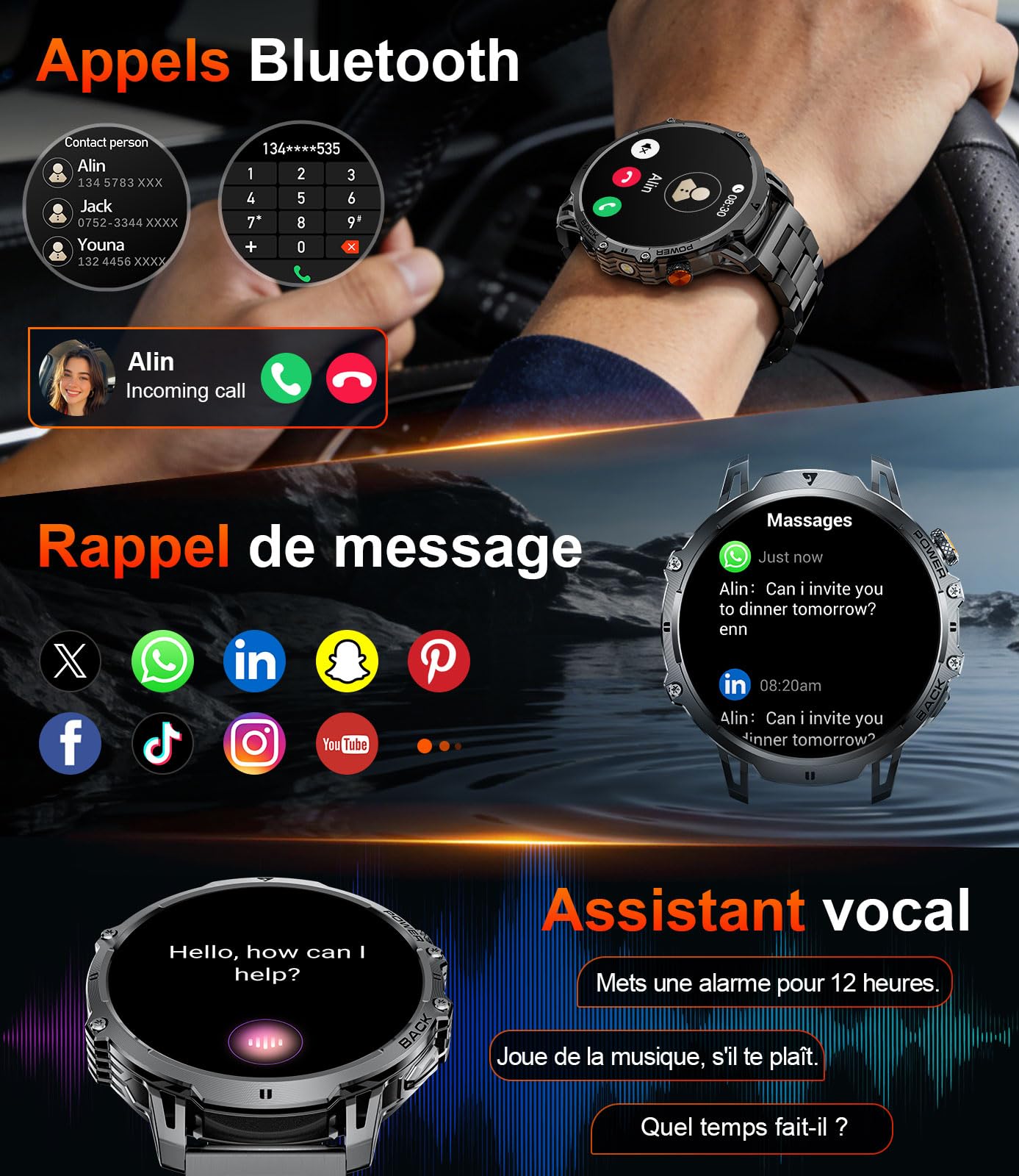 Montre Connectée Homme, 1.85" HD 800mAh Bluetooth 110+ Sports IP68