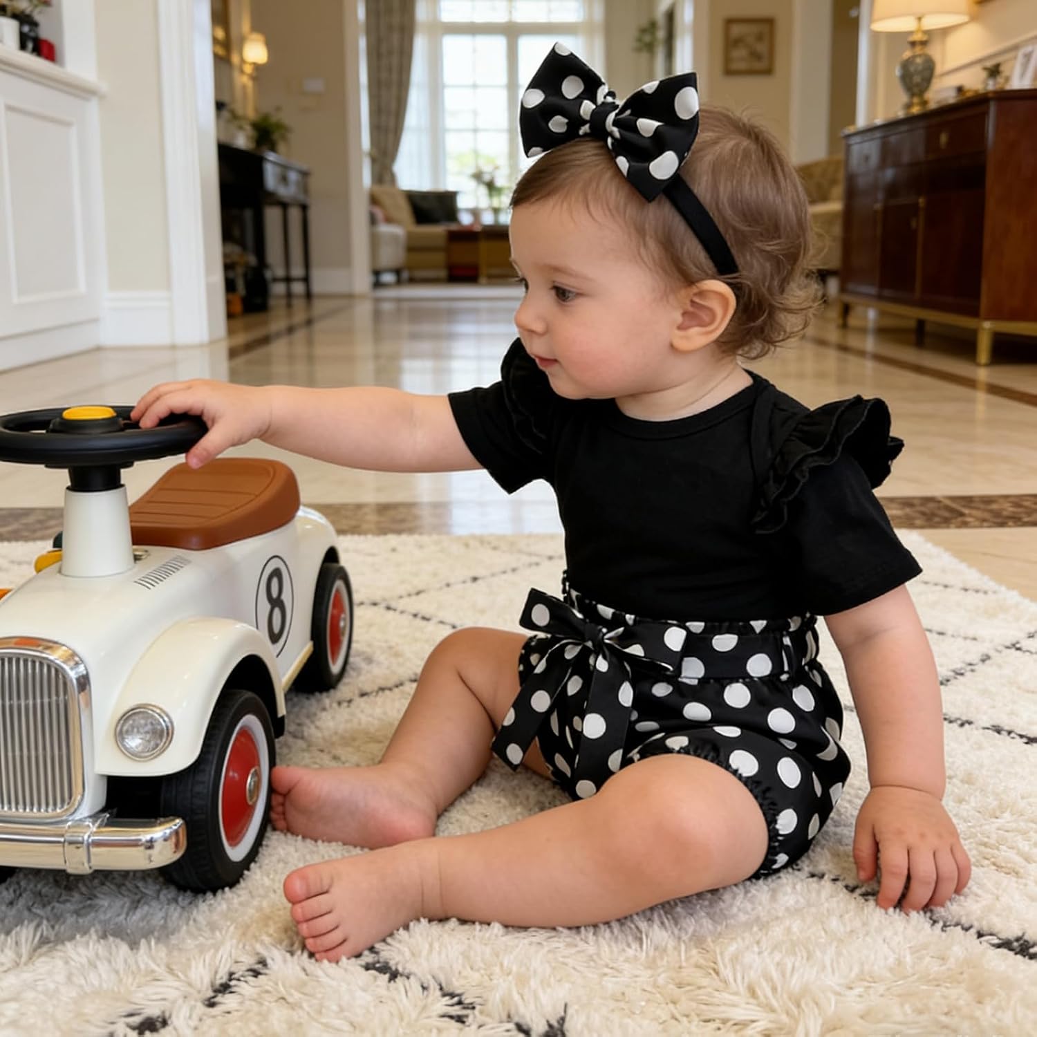 Newborn Baby Girl Set Ruffled Sleeve Romper Polka Dots Shorts Bloomers Bowknot Headband Boutique Clothes