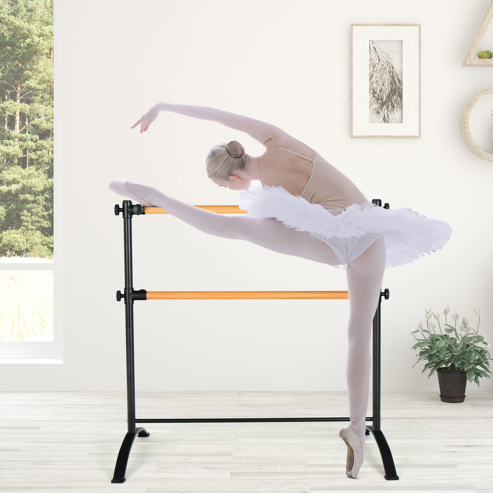 COSTWAY Barre de Danse Classique Double Autoportante pour Enfants Adultes, Barre de Ballet sur Pied 120 cm Hauteur Réglable Ø 38 mm en Bois de Hêtre Pose Libre pour Yoga, Exercice