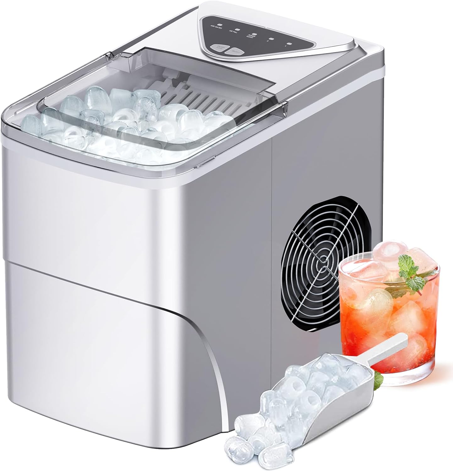 Silonn Ice Makers Countertop, 9 Cubes Ready in 6 Mins, Self-Cleaning Ice Machine with Ice Scoop and Basket, 26lbs in 24Hrs, 2 Sizes of Bullet Ice for Home Kitchen Office Bar Party, Sliver