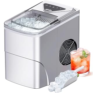 Silonn Ice Makers Countertop, 9 Cubes Ready in 6 Mins, Self-Cleaning Ice Machine with Ice Scoop and Basket, 26lbs in 24Hrs, 2 Sizes of Bullet Ice for Home Kitchen Office Bar Party, Sliver