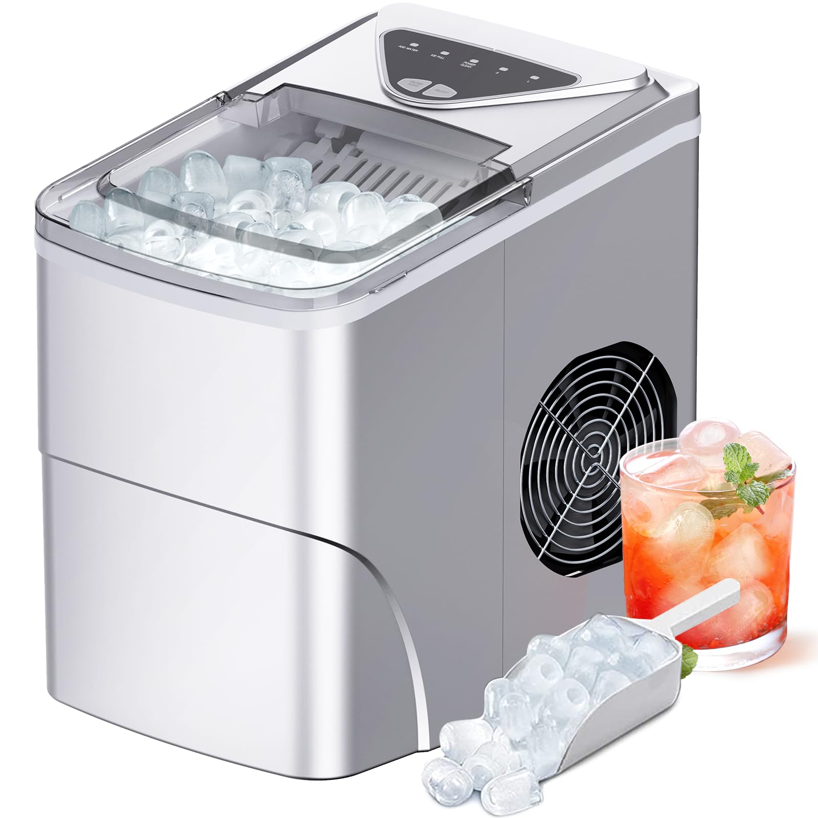Silonn Ice Makers Countertop, 9 Cubes Ready in 6 Mins, Self-Cleaning Ice Machine with Ice Scoop and Basket, 26lbs in 24Hrs, 2 Sizes of Bullet Ice for Home Kitchen Office Bar Party, Sliver | Fridge.com