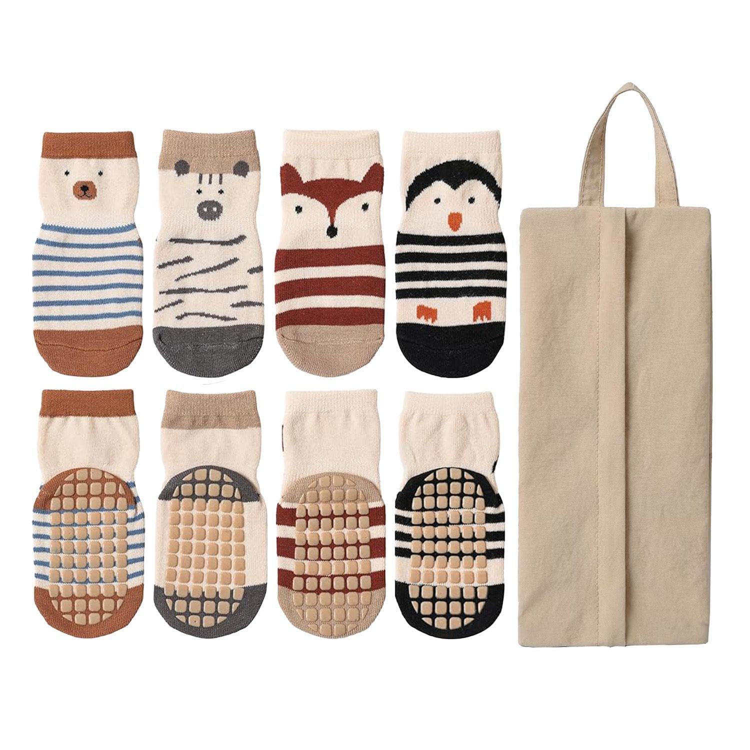 UBSIUH 4 Pairs Of Children'S Floor Socks, 1 Sock Storage Bag, Cartoon Non-Slip Socks, Winter Warm Cotton Socks, Universal For Boys And Girls, Suitable For Children Aged 1-3 Years Old.