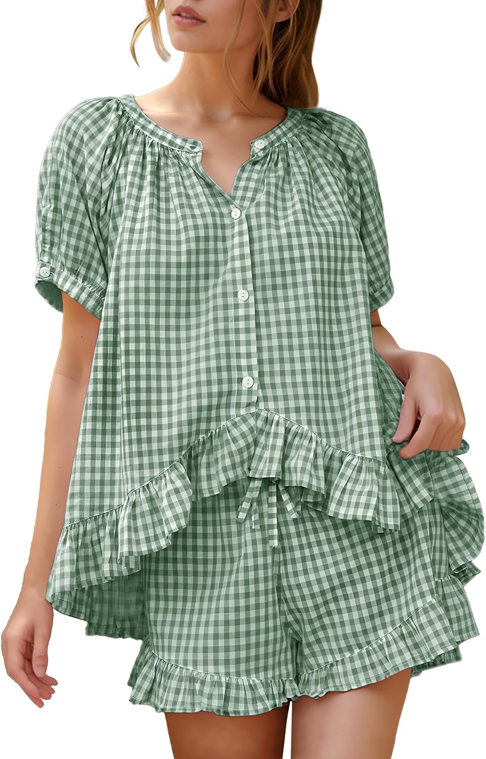 Flygo Womens Gingham Pajamas Set 2 Piece Cotton Pj Lounge Sets Puff Sleeve Ruffle Babydoll Shirt Shorts Summer Outfits