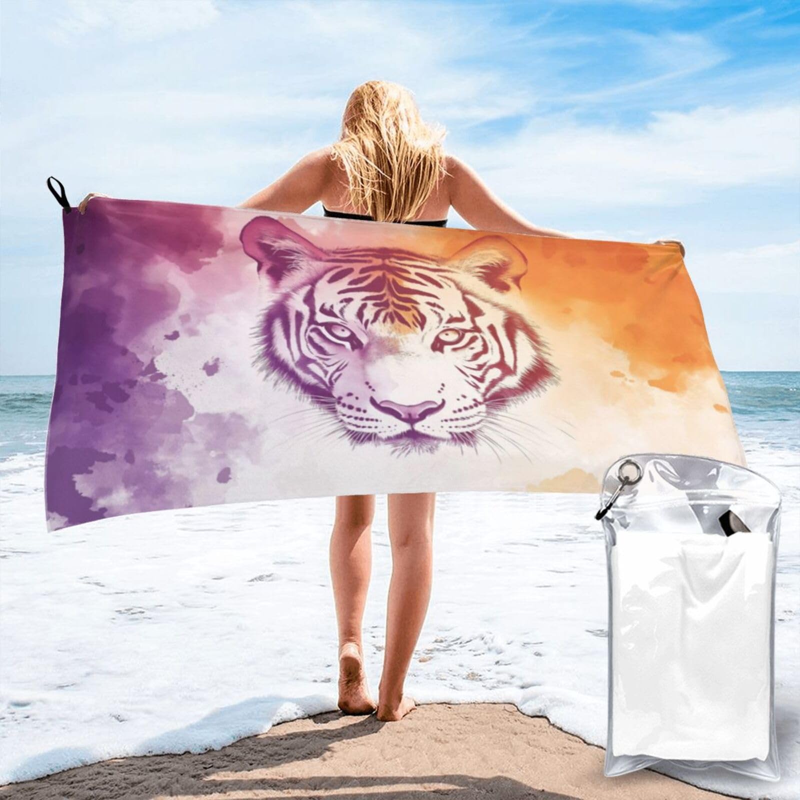 Anceky Digital Watercolor Tiger Portrait, Vibrant Colors Quick Dry Microfiber Travel Towel with Carry Case and Carabiner 27.5"X55"