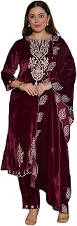 Skylee Women's Velvet Embroidered Straight Kurta with Pant & Dupatta Price In India