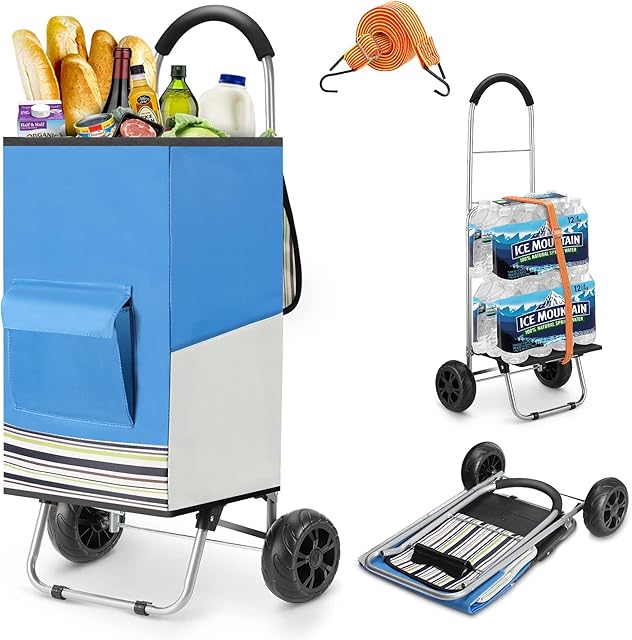 WONSEFOO Shopping Trolley, 2 in 1 Lightweight Folding Shopping Cart with Waterproof Blue Large Capacity Shopping Bag, Hard Wearing & Easy Storage, Adjustable Bungee Cord - 2 Noiseless Wheels