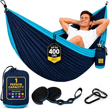 Durable Hammock 400 lb Capacity, Nylon Camping Hammock Chair - Double or Single Sizes w/Tree Straps and Attached Carry Bag - Portable for Travel/Backpacking/Beach/Backyard Medium, Blue & Light Blue