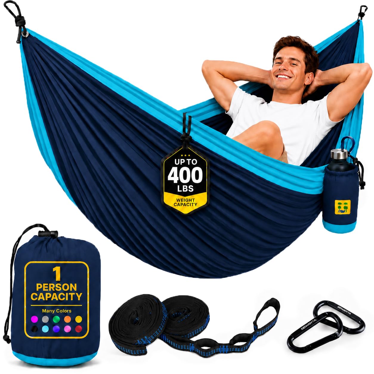 Durable Hammock 400 lb Capacity, Nylon Camping Hammock Chair - Double or Single Sizes w/Tree Straps and Attached Carry Bag - Portable for Travel/Backpacking/Beach/Backyard (Medium, Blue & Light Blue)