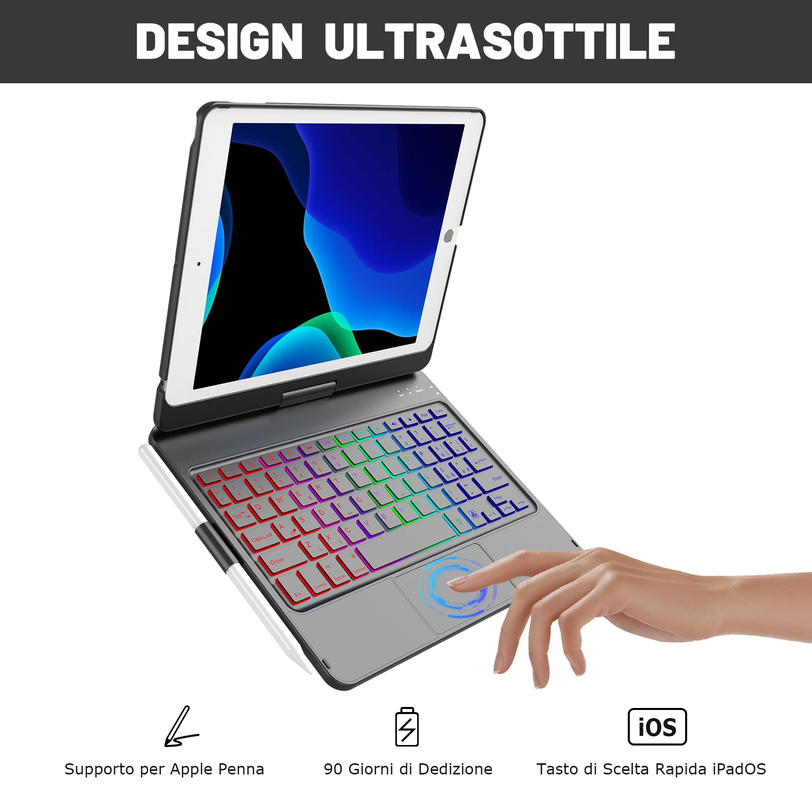 Custodia con Tastiera Touchpad per iPad 9a Gen 10.2" 2021,Tasti Multi-Touch e Retroilluminati,Ruotabile a 360° e Supporto per Matita,Custodia con Tastiera Trackpad per iPad 10.2 iPad 9a/8a/7a