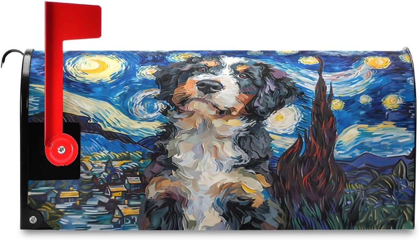 Mailbox Covers Magnetic Bernedoodle Dog Starry Sky Blue USA Letter Box Wrap Standard Size 21x18 Inch Post Decor Outdoor Garden Yard Decoration