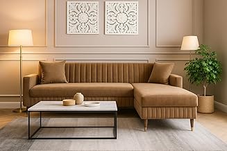 Ouch Cart Modern L Shape 4-Seater Sofa Set in Camel Suede Velvet – Space Saving Design for Home, Office & Guest Seating