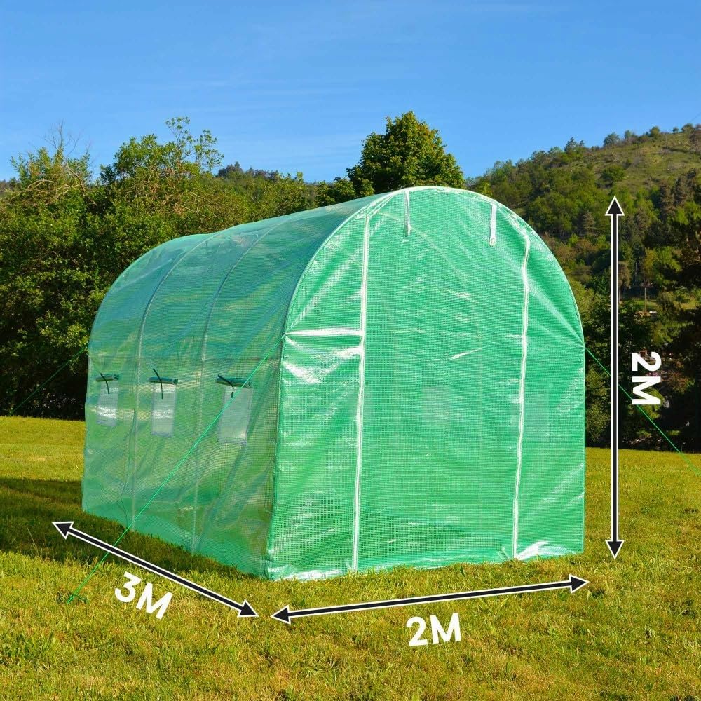 Oxeo Serre de Jardin Tunnel 6m²- bâche armée renforcé 3 x 2 x 2m - Structure Acier - Porte zippée - 6 fenêtres - pour Toutes Saisons