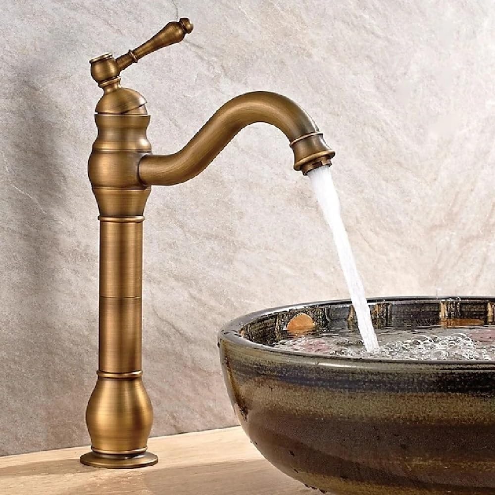 Grifo de latón antiguo para lavabo de baño, una sola manija, giratorio de 360°, grifo mezclador de cocina vintage, agua fría caliente, latón dorado