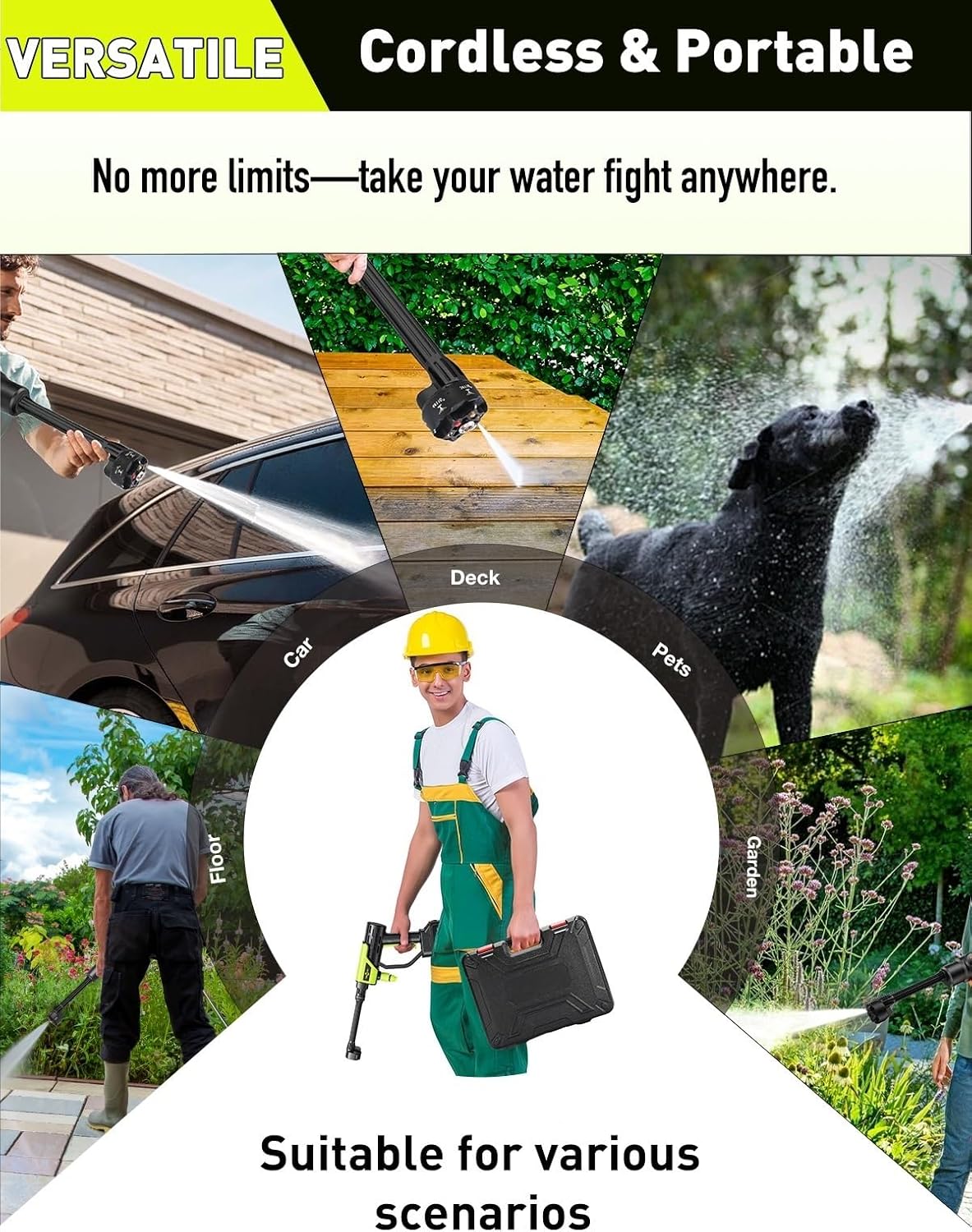 Cordless Car Washer, Lightweight Portable Cleaning Tool with 6-in-1 Nozzle, Battery Powered, Ideal for Small to Medium Cleaning Tasks, Car, Garden & Fence