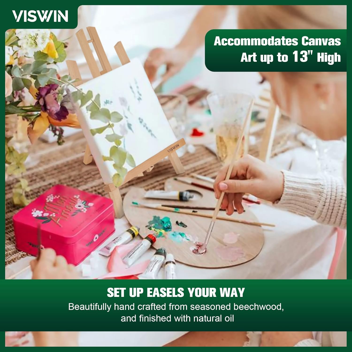 VISWIN 4PCS 16” Tabletop Display Easel, Portable A-Frame Beech Wood Tripod Easel Stand, Art Painting Easel, Mini Easel, Portable Canvas Photo Picture Sign Stand