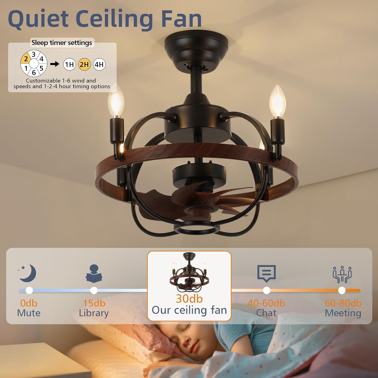 Farmhouse Rustic Ceiling Fan with Light and Remote, 20 Inch Brown Walnut Bladeless Rustic Chandeliers Fan, Vintage Chandelier Fan for Living Room, Bedroom, Hallway, Entryway Lighting