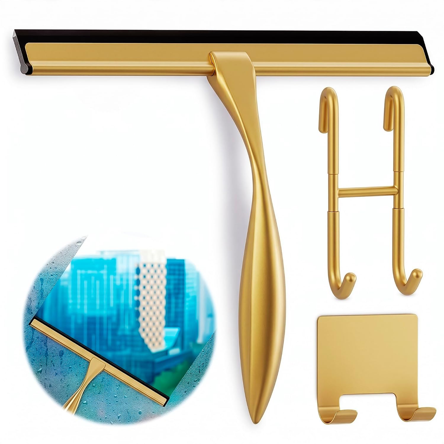 12 Inch Gold Squeegee for Shower Glass Doors, 2 Hooks Included