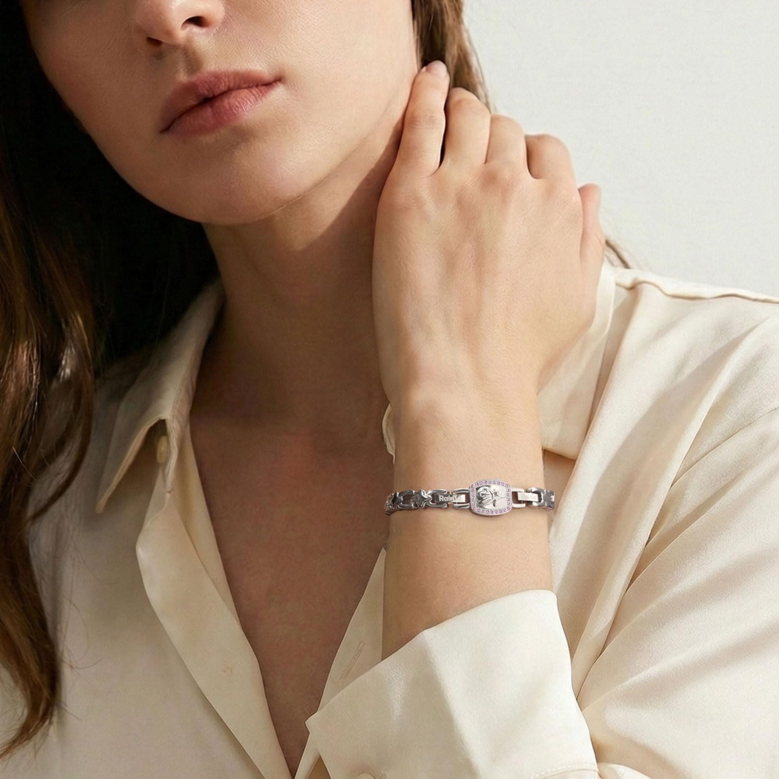 RainSo Bracelet magnétique pour femme - Rose amovible - Bracelet 2 en 1 en acier inoxydable avec double design de port - Taille réglable - Avec outil de réglage et boîte cadeau (rose)