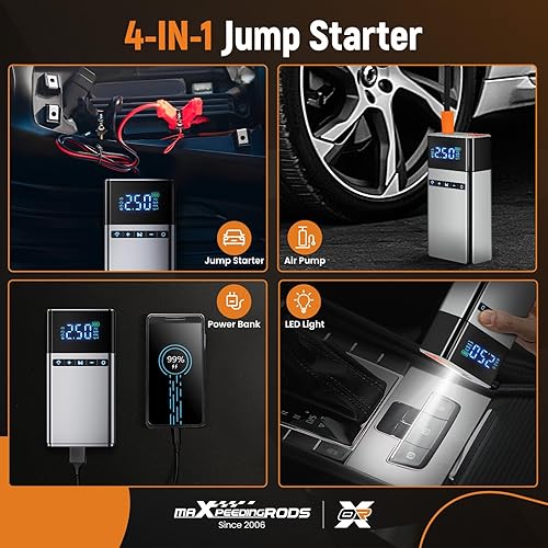 Miniatura 3 de maXpeedingrods Arrancador de coche con compresor de aire, batería de arranque portátil de 2500 A 150 PSI (todo gasolina5.0L diesel), caja de litio