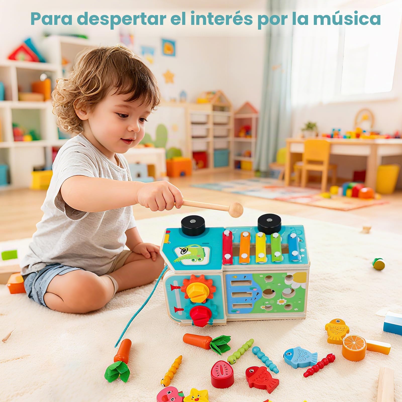 Juguetes Montessori de Madera para Niños 1 2 3 Años, Juguete Educativo 5 en 1 con Pesca, Zanahorias, Xilófono, Engranajes y Coche de Arrastre, Juego Sensorial de Aprendizaje y Regalo Infantil