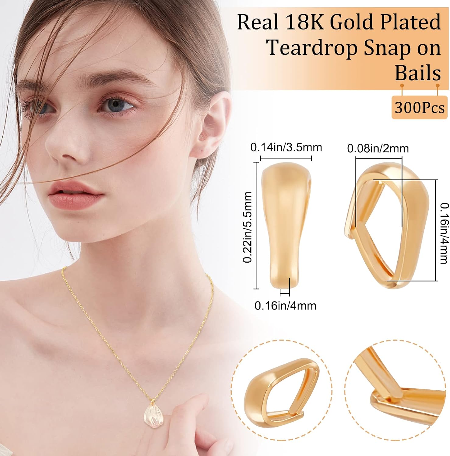 Beebeecraft 1 Box 300Pcs Snap Bail Hook 18K Gold Plated Brass Pinch Clip Clasp Bail 3.5x5.5mm Teardrop Necklace Clasps Pendant Charm for Necklace Jewelry Making