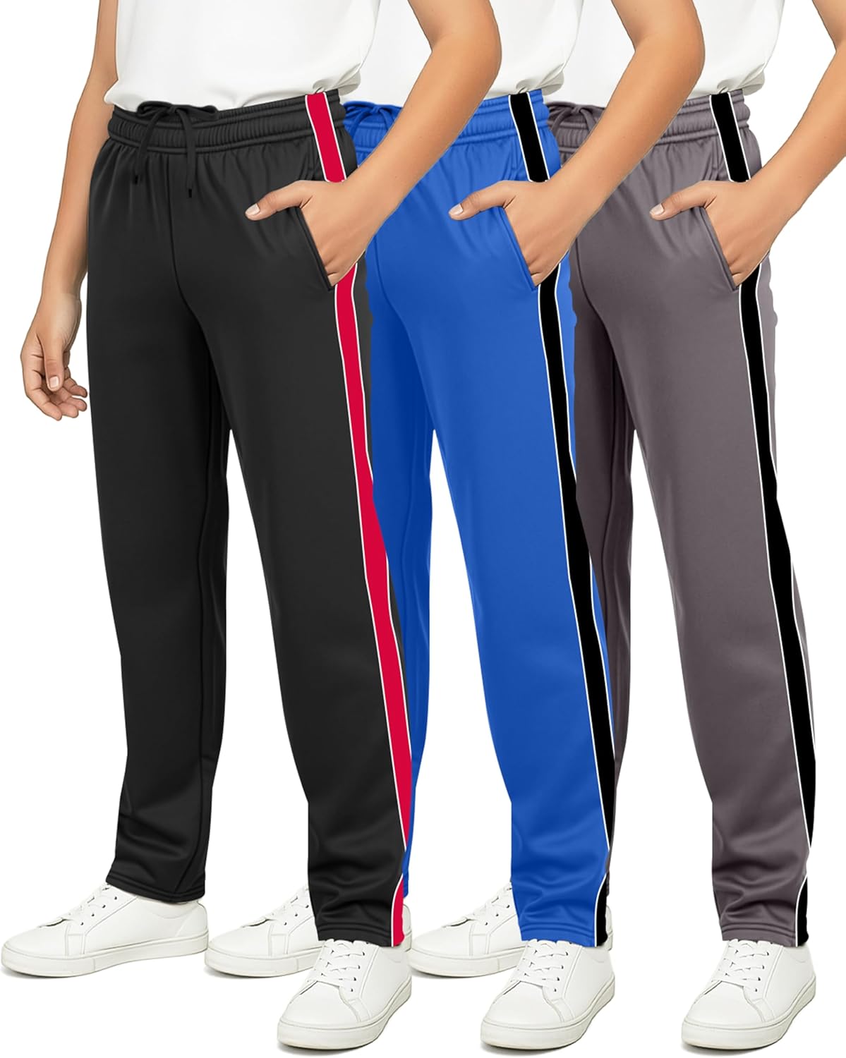 Real Essentials 3 Pack: Boys' Tricot Open Bottom Sweatpants - Athletic Running Pants with Pockets for Kids Teens Youth