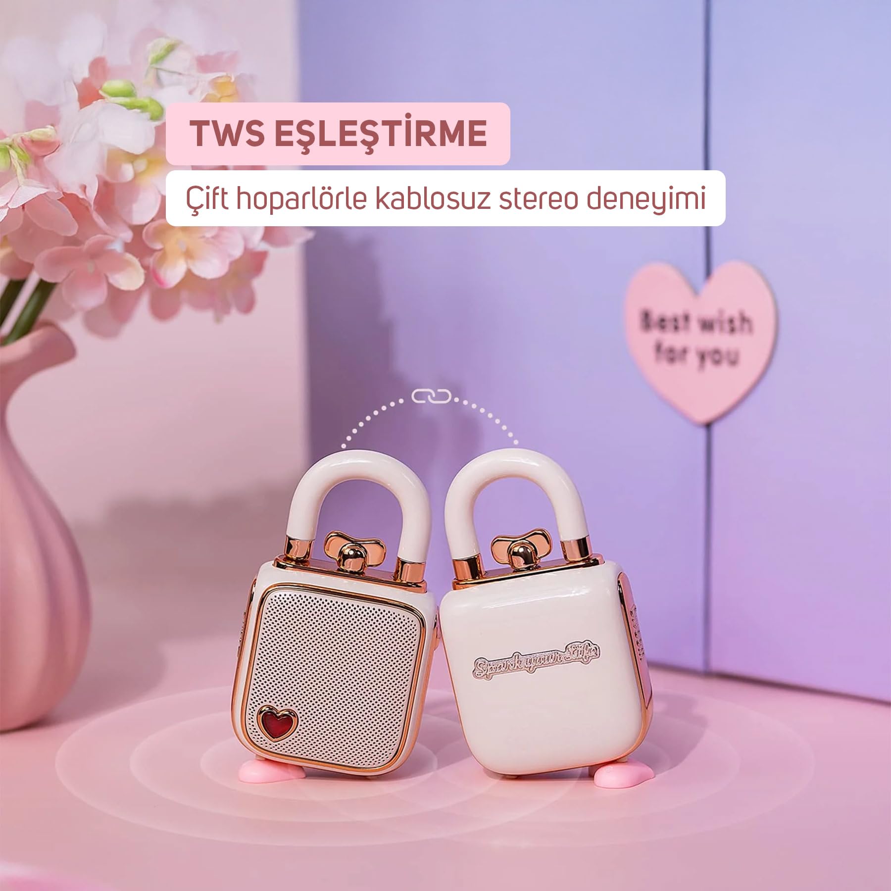 Divoom Ditoo Pro Bluetooth Hoparlör ve Ses Kayıt Özellikli LoveLock Hediye Seti, Pembe