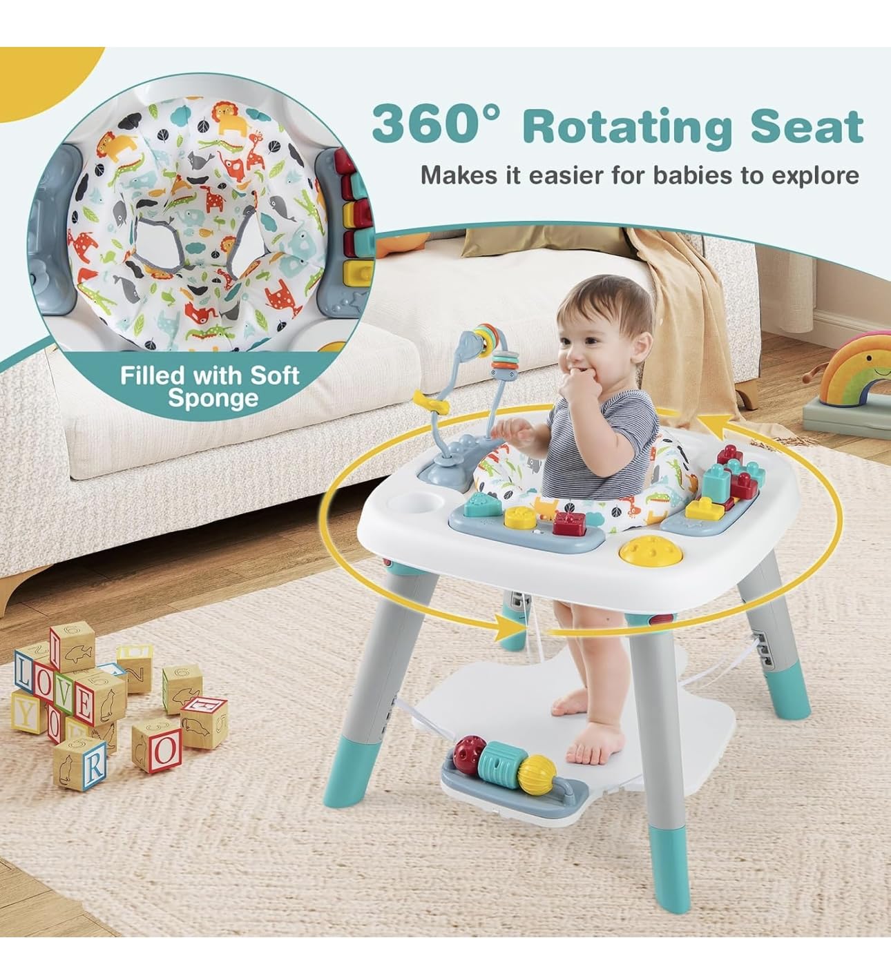 Richtots Premium 6-in-1 Baby Activity Center, Baby Jumper & Interactive Play Table with 360° Rotating Seat, Detachable Toys & Music, Montessori,6-36 Months 4