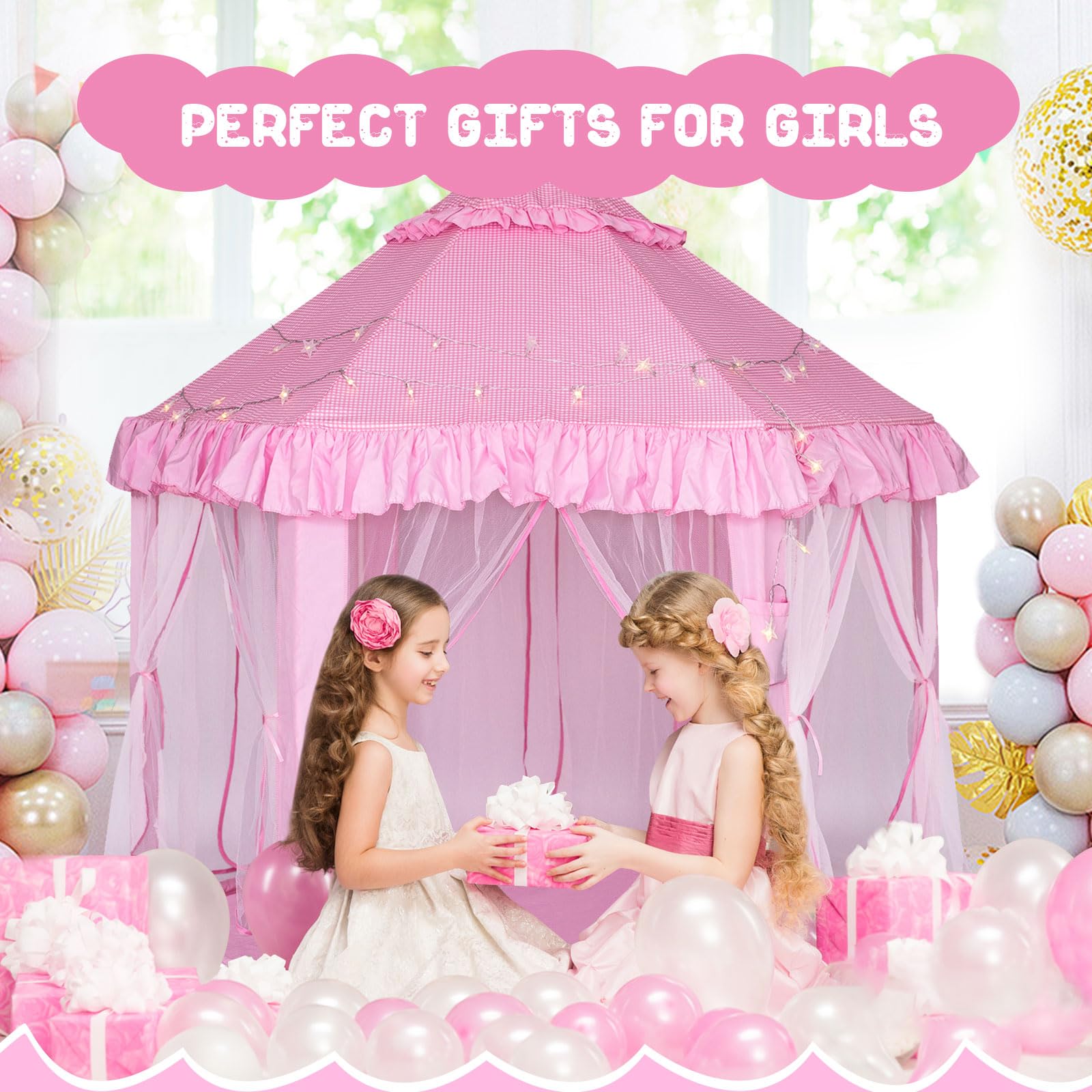 Tenda da gioco per bambini per ragazze - Tenda da gioco del castello della principessa, casa da gioco pop-up per interni e per esterni con luci stellari per bambini, regali per bambine da 3 a 9 anni