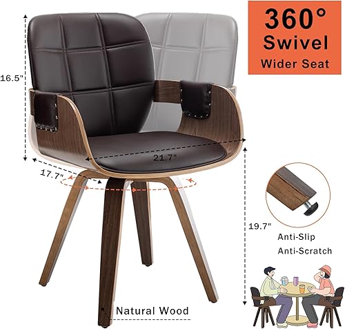 Miniatura 2 de Juego de 2 sillas de comedor giratorias de nogal, sillas de comedor de mediados de siglo con brazo y respaldo curvo, artesanía de nogal, estructura