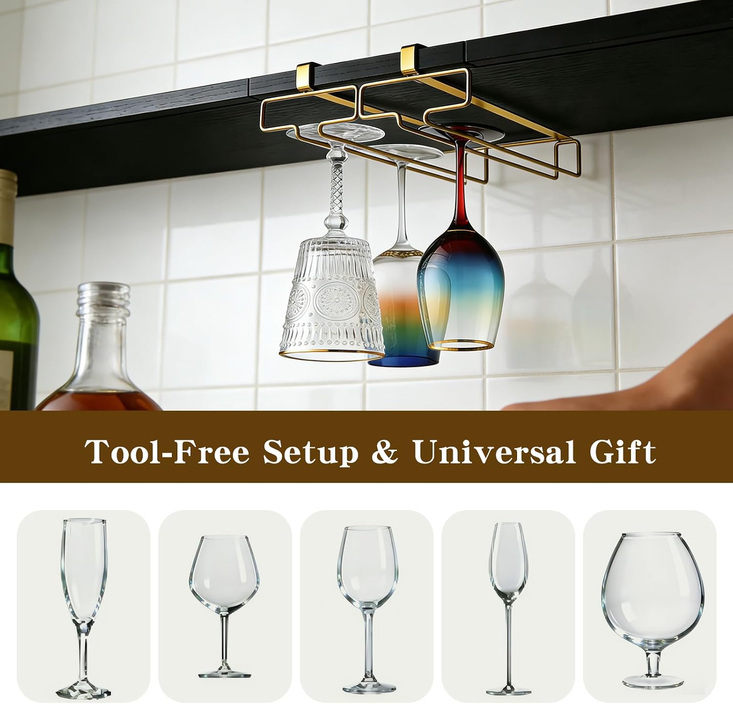 Under Shelf Wine Glass Rack 2-Pack, No-Drill Space Saving Hanging Holder for Cabinet & Countertop,affordably priced gifts，Gold