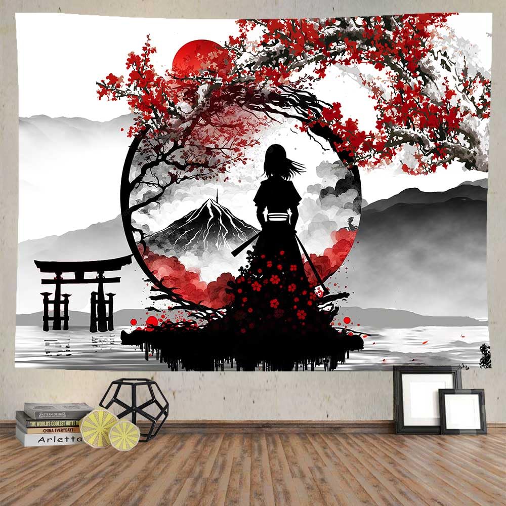 Ine Ive Japanese Tapestry Cherry Blossom Cool Woman Samurai Wall Tapestries 80x60 Inches Black Red Art Aesthetic Mount Fuji Japanese Anime Poster Tapestry for Bedroom Dorm Home Decor GTDWIE0211