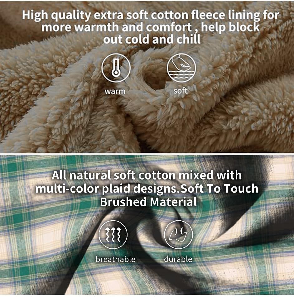 Big and Tall Flannel Jacket for Men Plaid Fleece Hoodie Zip Up Sherpa Lined Winter Coat, 6XL Green