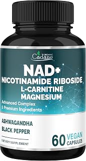Organic Cadane Nicotinamide Riboside Supplement with L-Carnitine, Magnesium Glycinate, Ashwagandha, Black Pepper | Vegan, Non-GMO – 60 Capsules – 30-Day Supply