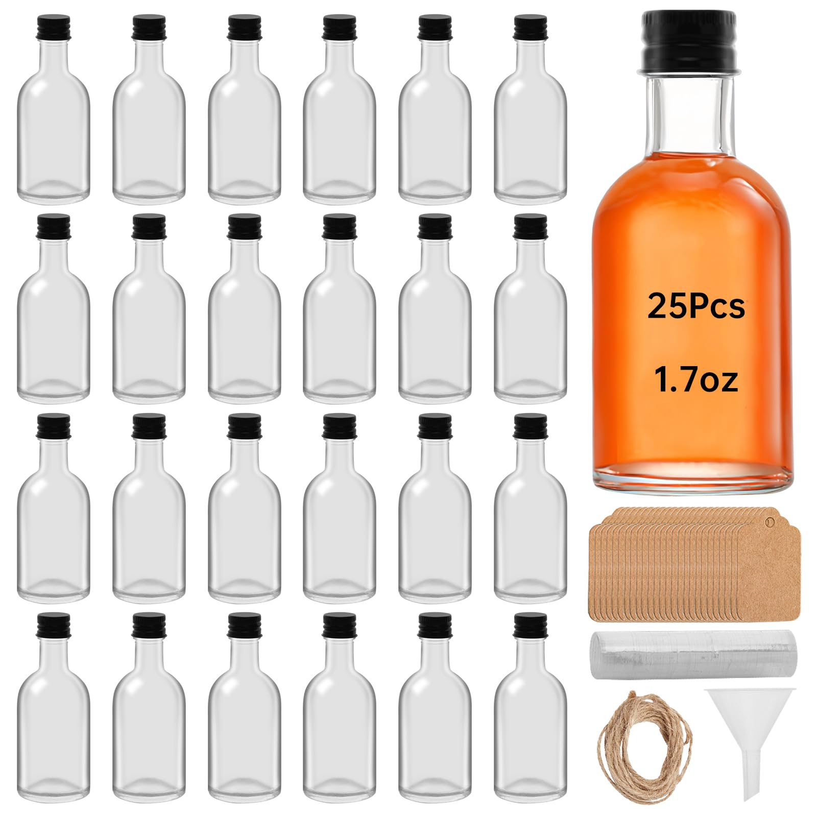 eispap 25 Pcs 1.7 OZ Mini Glass Liquor Bottles with Lids Small Glass Wine Bottles Reusable Empty Alcohol Bottles with Aluminum Black Screw Cap (1.7OZ 25PC)