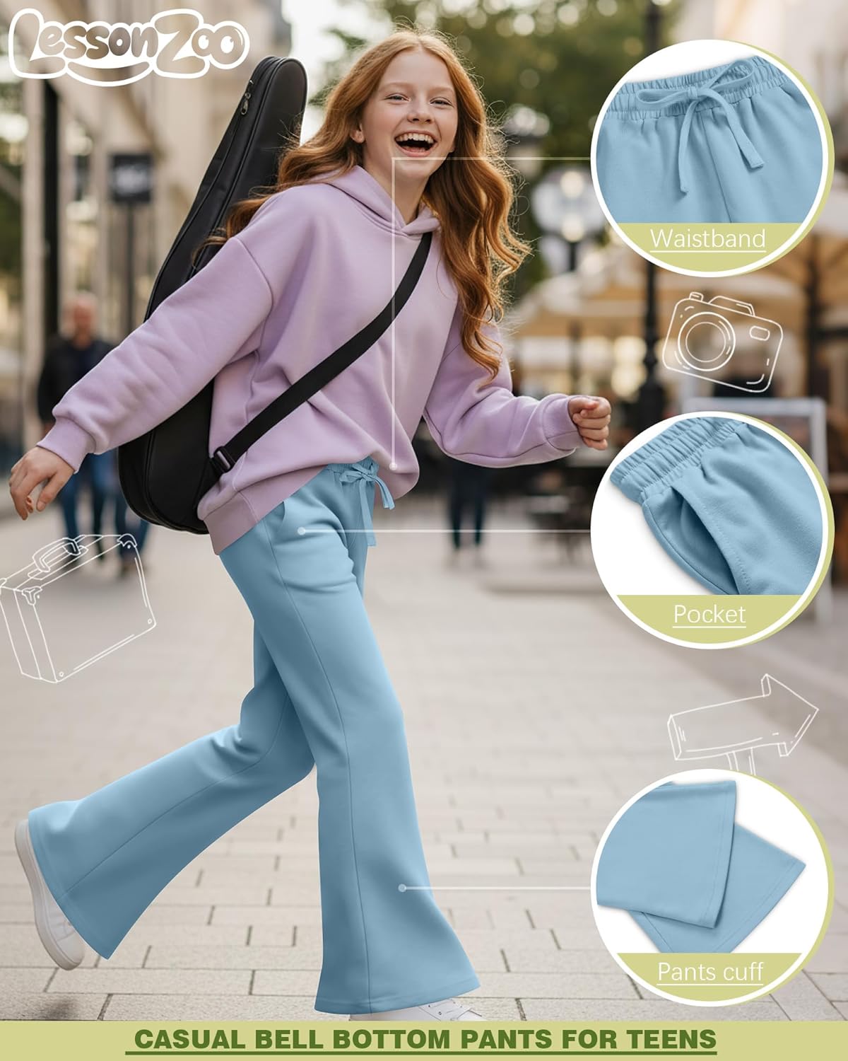 3 Pack Girls Sweatpants Flared Wide Leg Elastic Waist Drawstring Bell Bottom Casual Athletic Pants with Pockets