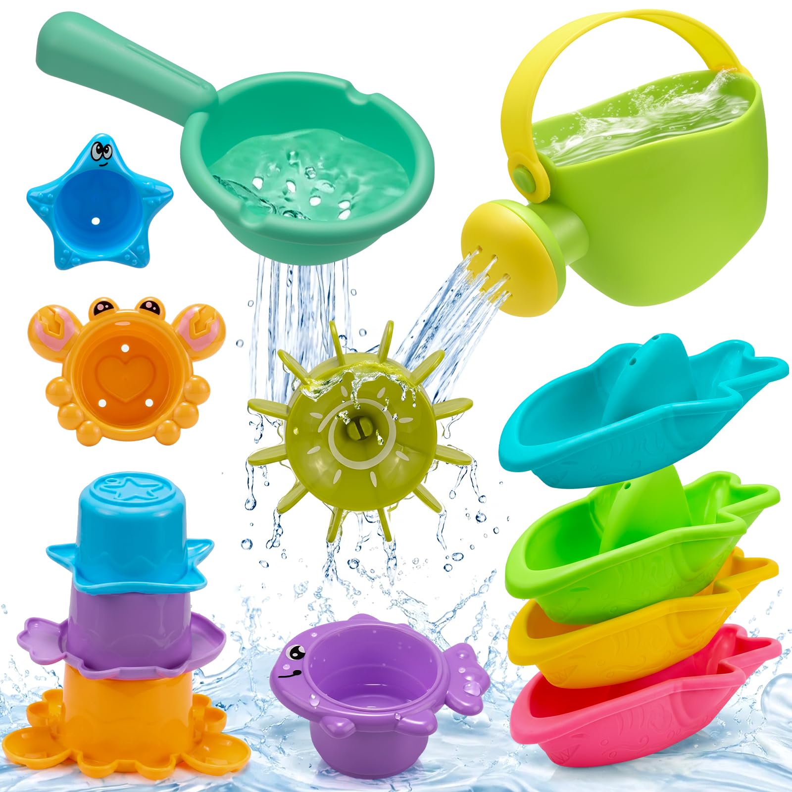 Baby Bath Toys, Mould Free Watering Can, Boats and Cups, Water Play Set for Boys and Girls Aged 1 2 3 Years Old