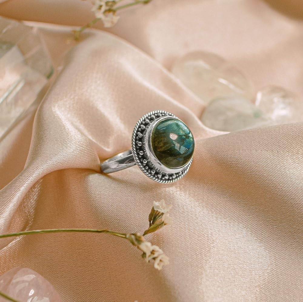 Aurora Labradorite Gemstone Sterling Silver Ring - Natural Gray Stone Handmade Statement Ring in Solid 925 Silver - November Birthstone Ring Jewelry Sz 7 8 9 Birthday Christmas Gift