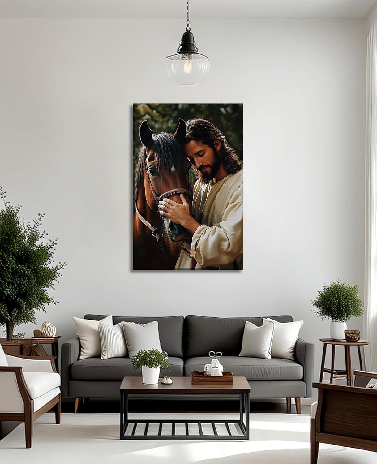 Jesus Wall Art Christian Decor Framed Christ Jesus Touching Horse Head Picture Vintage Paintings Religion Spiritual Canvas Prints Living Room Bedroom Ready to Hang - 12.00"x18.00"