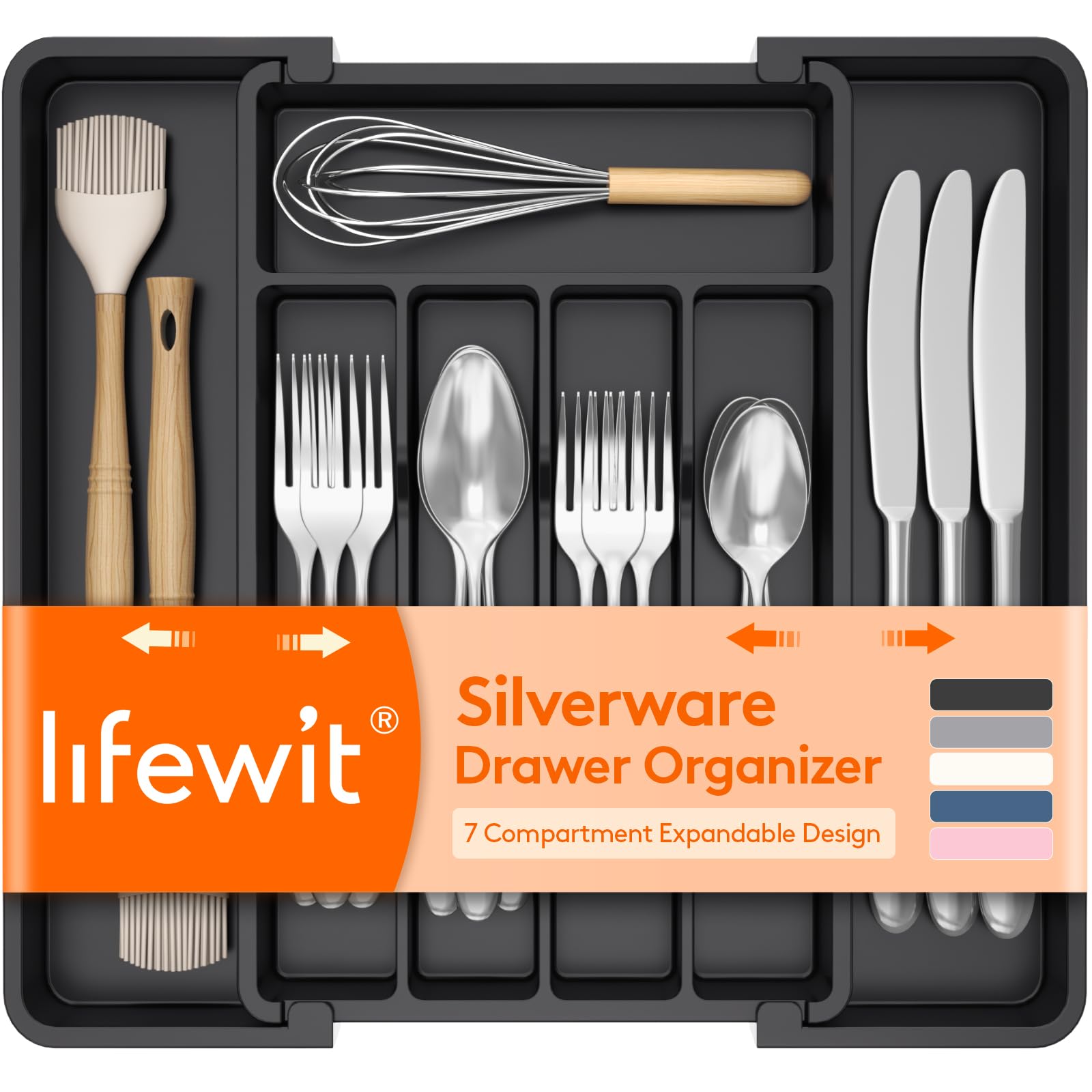 Lifewit Expandable Silverware Organizer, Plastic Utensil Tray for Kitchen Drawer