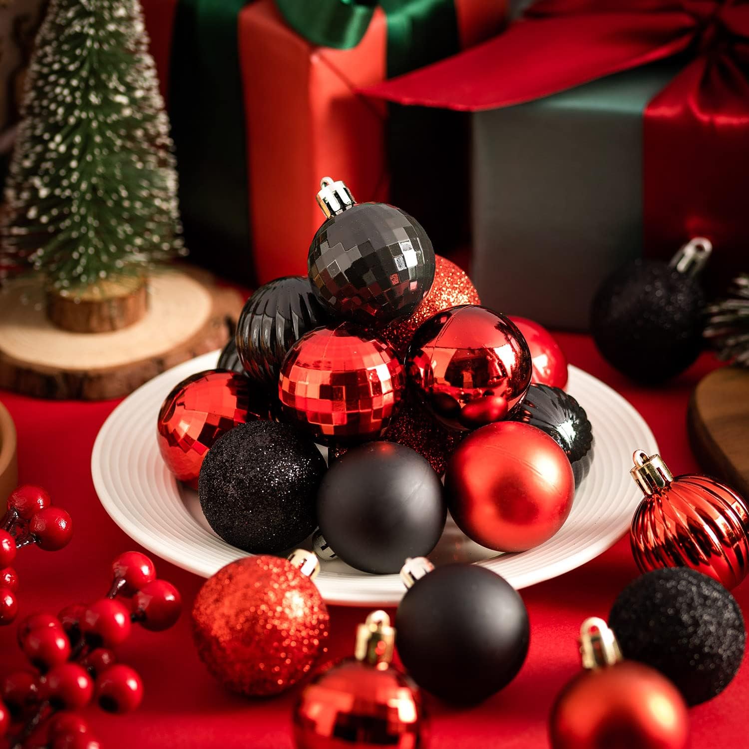 72 Pcs Red and Black Christmas Ornaments, 40mm/1.6IN Christmas Ball Tree Ornaments for Xmas Holiday Wedding Party Decorations